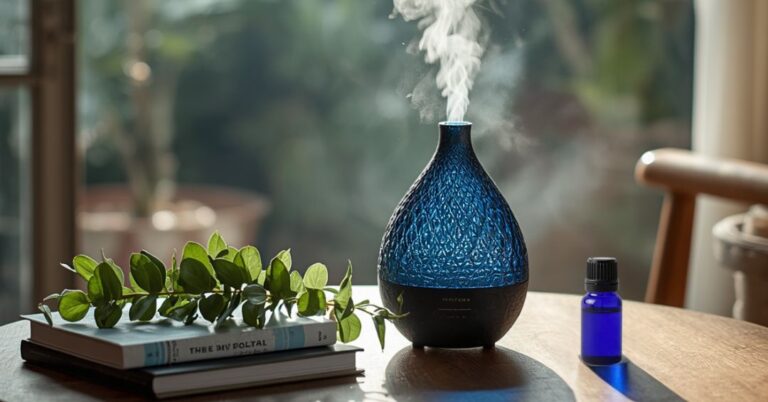 Essential oil diffuser purifying home air with natural antimicrobial mist